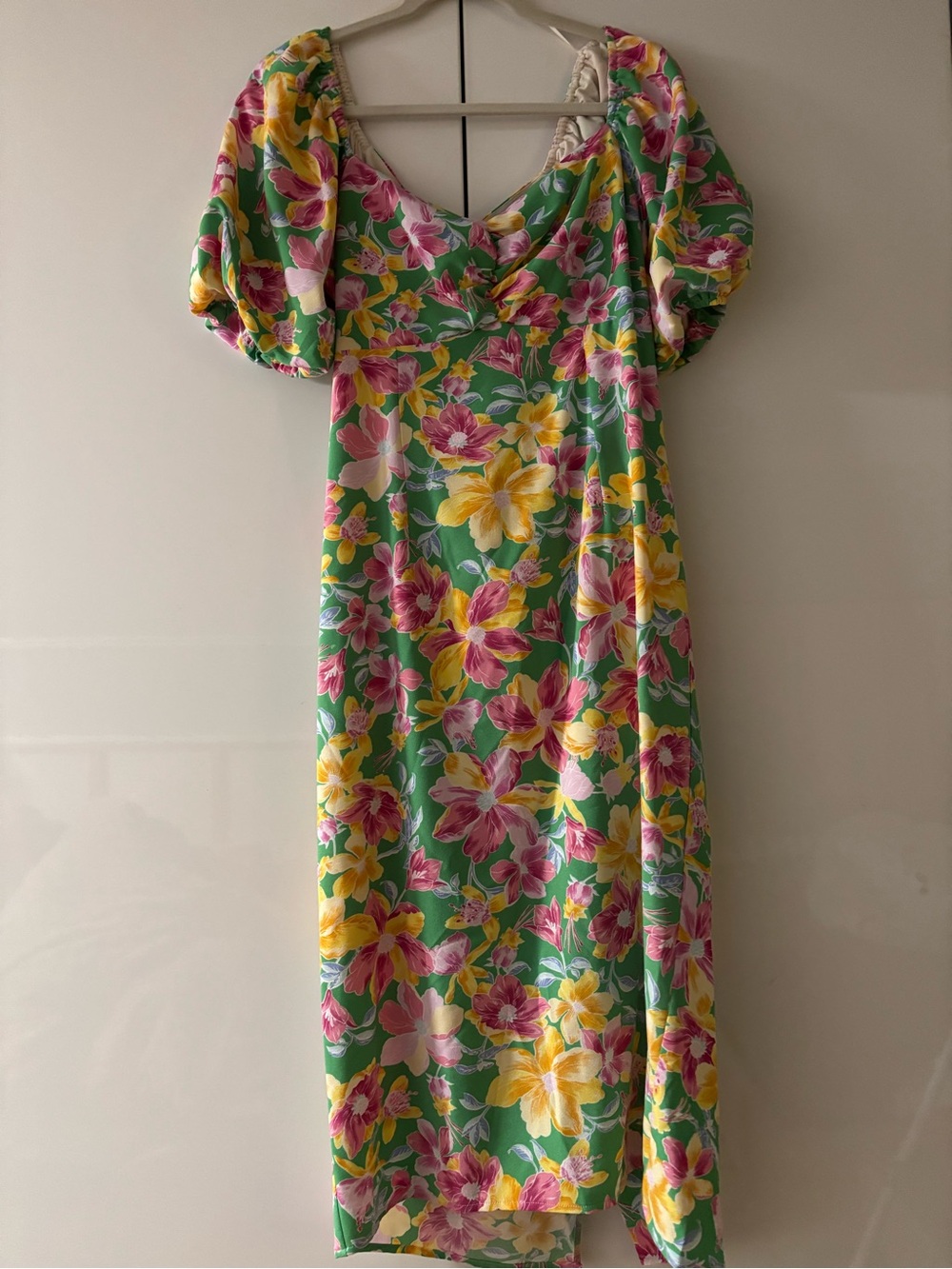 Floral Puff-Sleeve Midi Dress in Green with Yellow & Pink Blooms